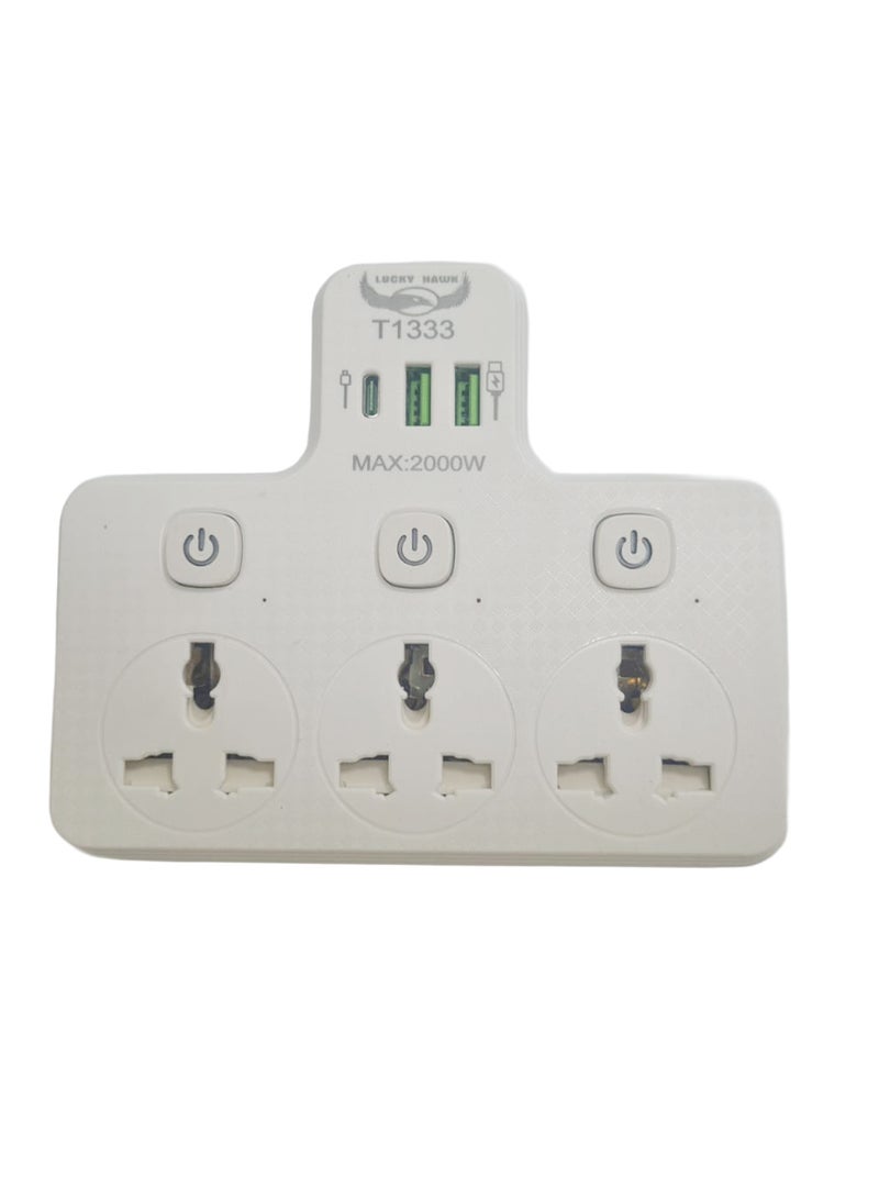 Lucky Hawk محول حائط مع 3 مقابس عالمية، 2 منفذ USB و 1 منفذ Type-C، تمديد متعدد للمقابس مع 3 مفاتيح فردية، مقبس طاقة ذكي 2000 واط، شحن سريع 2.1A للمنزل، المكتب والسفر أبيض - Image 1